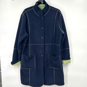 Susan Graver Womens Reversible Fleece Coat XL Navy Lime Green Contrast Stitch